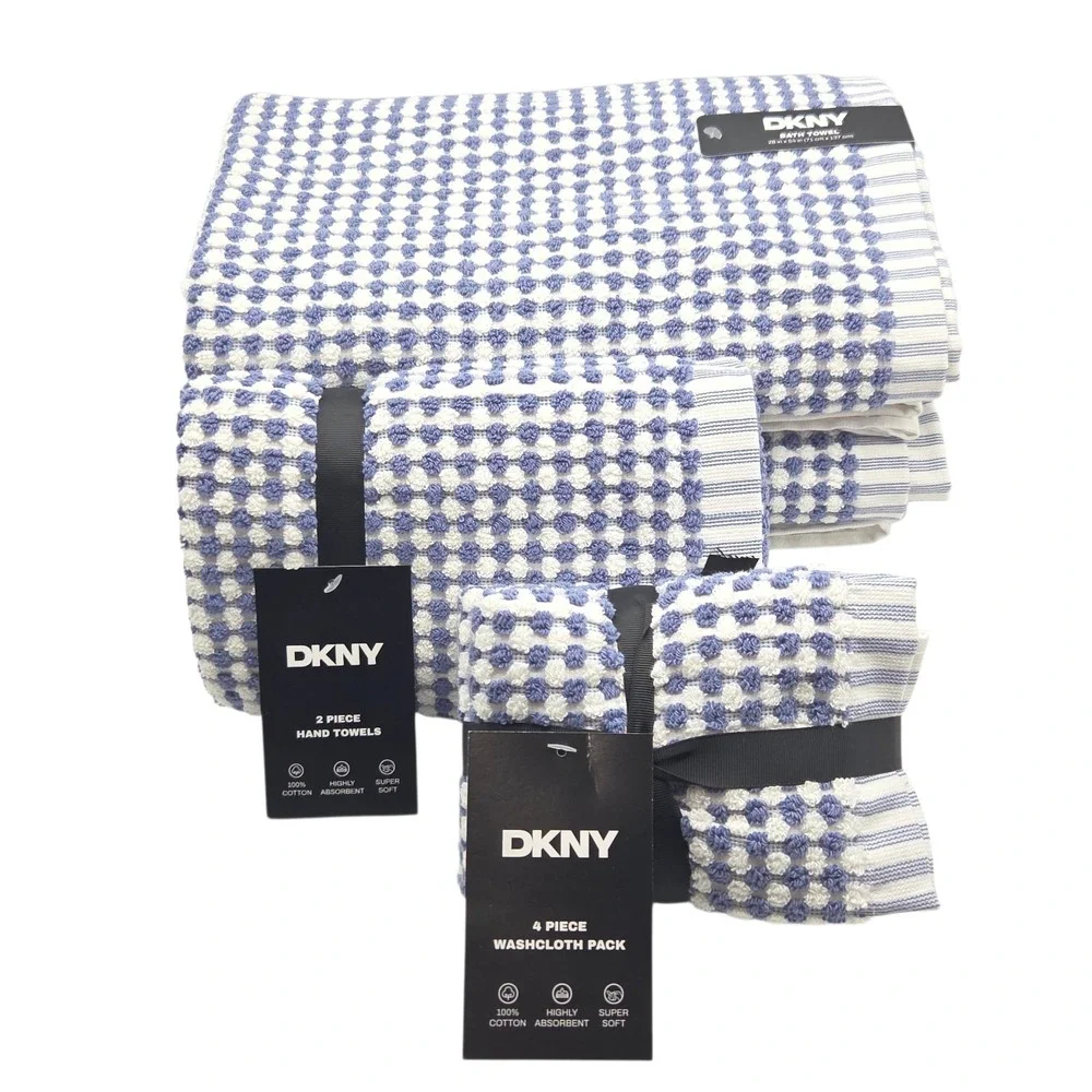DKNY 8pc Cotton Towel Set 2 Bath 4 Wash 2 Hand  Blue And White Monet Tile Magnet